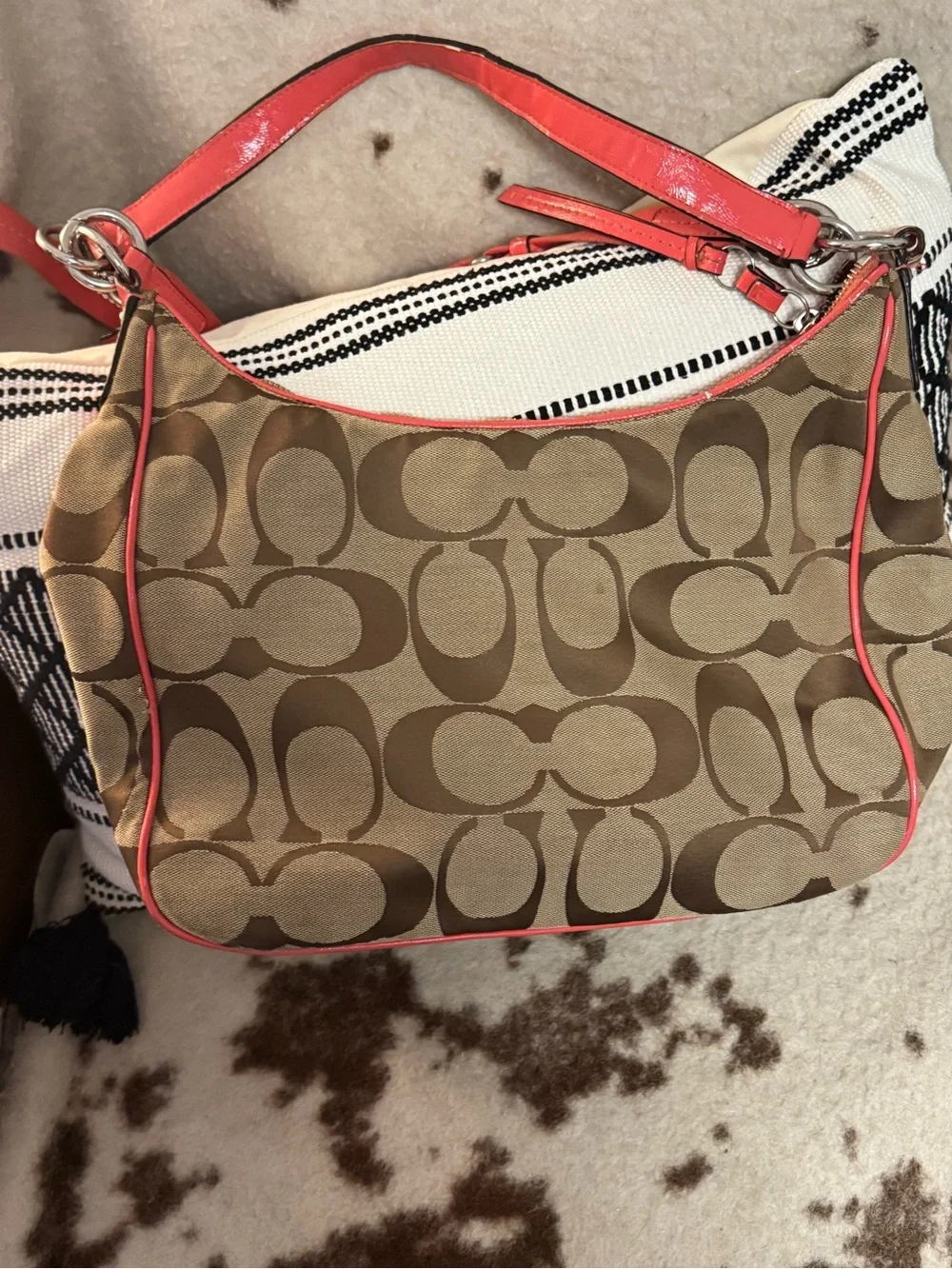 Coach Brown Signature Canvas Shoulder/crosbody Bag with Coral Trim *READ*